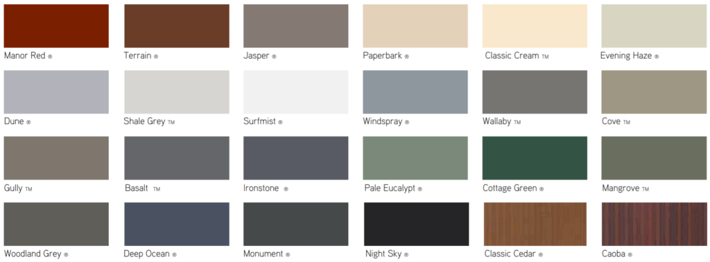 Colorbond Colour Chart - 长安车库门安装维修